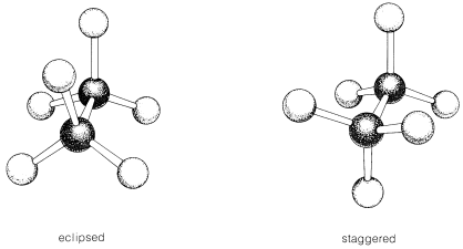 Left: Ball and stick model of an eclipsed conformer; Substituents on back carbon are directly behind the front carbon substituents. Right: Ball and stick model of a staggered conformer; Substituents on front carbon are facing the opposite direction of back carbon substituents. 