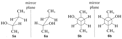 Left: sawhorse conformers of two molecules. Two carbons bonded together by a single bond. Front carbon has a methyl and hydroxyl substituent and the back carbon has a methyl substituent. Left molecule has the O H group pointing to the left. Right molecule has O H group pointing to the right. These molecules are separated by a mirror plane. Right: the same molecules but in the form of Newmann projections.