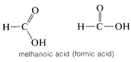 Dos moléculas de ácido metanoico (ácido fórmico). Izquierda: los sustituyentes O H e hidrógeno apuntan hacia abajo en ángulo. Derecha: O H y los sustituyentes de hidrógeno están en línea con el carbono.