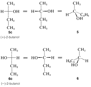 Top: projections of (+)-2-butanol. Positive because O H and C 2 H 5 substituents are pointed to the right (O H on wedge and C 2 H 5 on dashes). Bottom: projections of (-)-2-butanol. Negative because O H and C 2 H 5 substituents are pointed to the left (O H on wedge and C 2 H 5 on dashes).