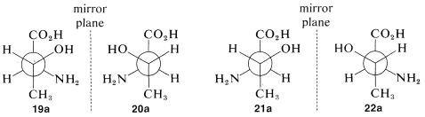 Four Newman projections. Front carbon has O H and C H 3 substituents and back carbon has C O 2 H and N H 2 substituents. Left: N H 2 and O H pointed the same direction. Right: N H 2 and O H pointed in opposite directions.