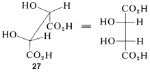 Eclipsed conformations of meso-tartaric acid. Left: sawhorse conformation; Both C O 2 H substituents are pointing down and both O H groups are pointed up, to the left diagonally. Right: Newmann projection of same molecule; both O H groups point to the left.