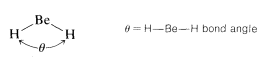 B E unido a dos hidrógenos. El símbolo theta está por debajo del átomo de B E y entre los hidrógenos con flechas que van a cada hidrógeno. Theta es igual al ángulo de unión H de enlace sencillo B E de enlace sencillo H.