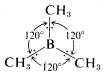 Bromine with three methyl substituents. One going straight up, one going diagonally left and down and one going diagonally right and down. Arrows indicate a 120 degree angle between each bond. 