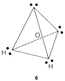 Tetrahedron structure that resembles a pyramid with a triangle base. An oxygen atom is in the middle of the structure. Each point has a pair of electrons. Two pairs of electrons have hydrogen atoms bonded to them.