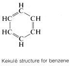 Kekule structure for benzene (all atoms are written out). Six-carbon ring with a double bond between every other carbon.