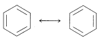 Estructura de línea de enlace de benceno. Anillo de 6 carbonos con un doble enlace en cada otro enlace carbono-carbono. Flechas de doble cara entre la molécula original y el mismo anillo con cada doble enlace desplazado sobre uno. Las estructuras están en equilibrio.