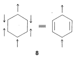 Cyclohexane molecule with arrows at every carbon. Top  and bottom carbon have arrows pointing up. The two upper side carbons have arrows pointing down and the two lower side carbons have arrows pointing up. This diagram is the same has a cyclohexane molecule with two double bonds directly across from each other. The top and bottom carbon still have upward arrows.