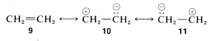 Left (figure 9) C H 2 double bonded to C H 2. This is in equilibrium with the middle figure (figure 10) which is a C H 2 cation single bonded to a C H 2 anion (has a lone pair of electrons). This is in equilibrium with figure 11; C H 2 anion singly bonded to a C H 2 cation.