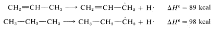 Top: C H 2 double bonded to C H single bonded to C H 3 goes to C H 2 double bonded to C H single bonded to C H 2 isotope plus a hydrogen isotope. Delta H of 89 kcal. Bottom: C H 3 single bonded to C H 2 single bonded to C H 3 goes to C H 3 single bonded to C H 2 single bonded to C H 2 isotope plus H isotope. Delta H of 98 k cal.