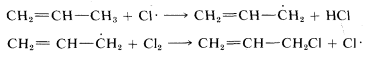 Top: C H 2 double bonded to C H single bonded to C H 3 plus C L isotope goes to C H 2 double bonded to C H single bonded to C H 2 isotope plus H C L. Bottom: C H 2 double bonded to C H single bonded to C H 2 isotope plus C L 2 goes to C H 2 double bonded to C H single bonded to C H 2 C L plus C L isotope.