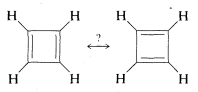 Cyclobutane molecule with two double bonds. Left: double bonds on the left and right sides. Right: Double bonds on the top and bottom.