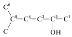 Cadena de 6 carbonos numerada del uno al seis. El carbono dos tiene un sustituyente O H y el carbono 5 tiene un sustituyente de carbono.