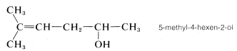 Carbono con dos sustituyentes C H 3 doble enlace a C H con enlace simple C H 2 unido simple a C H con un sustituyente O H unido simple a C H 3. Etiquetado con 5-metil-4-hexen-2-ol.