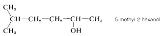 C H with two C H 3 substituents single bonded to C H 2 single bonded to C H 2 single bonded to C H with an O H substituent single bonded to C H 3. Labeled 5-methyl-2-hexanol.