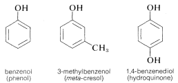 Izquierda: benceno con sustituyente O H en carbono superior. Bencenol marcado (fenol). Medio: anillo de benceno con un sustituyente O H en el carbono 1 y un sustituyente C H 3 en el carbono 3. Marcado 3-metilbencenol (meta-cresol). Derecha: anillo de benceno con sustituyentes O H en los carbonos 1 y 4. Marcado 1,4-bencendiol (hidroquinona).