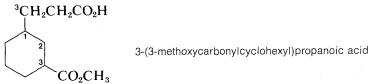 Cyclohexane molecule with a C H 2 C H 2 C O 2 H substituent on carbon 1 and a C O 2 C H 3 substituent on carbon 3. Labeled 3-(3-methoxycarbonylcyclohexyl)propanoic acid.