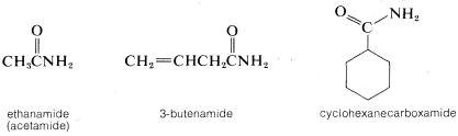 Left: C H 3 C double bonded to O and single bonded to N H 2. Labeled ethanamide (acetamide). Middle: C H 2 double bonded to C H C H 2 C double bonded to O and single bonded to N H 2. Labeled 3-butenamide. Right: cyclohexane single bonded to a C that is double bonded to O and single bonded to N H 2.