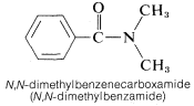 Anillo de benceno unido simple a un C con doble enlace a O y enlace simple a un N que está unido de manera simple a dos sustituyentes C H 3. N, N-dimetilbencenocarboxamida etiquetada (N, N-dimetilbenzamida).