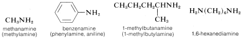 From left to right: C H 3 N H 2; labeled methanamine (methylamine). Benzene ring with a N H 2 substituent; labeled benzenamine (phenylamine, aniline). C H 3 C H 2 C H 2 C (with C H 3 substituent) H N H 2; labeled 1-methylbutanamine (1-methylbutylamine). H 2 N (C H 2) 6 N H 2; labeled 1,6-hexanediamine.