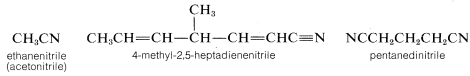 Left: C H 3 C N; labeled ethanenitrile (acetonitrile). Middle: C H 3 C H double bond C H single bond C H (with C H 3 substituent) single bond C H double bond C H C triple bond N. Labeled 4-methyl-2,5-heptadienenitrile. Right: N C C H 2 C H 2 C H 2 C N. Labeled pentanedinitrile. 
