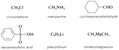 Top left: C H 3 C L labeled chloromethane. Top middle: C H 3 N H 2 labeled methylamine. Top right: cyclohexane with a C H O substituent labeled cyclohexanecarbaldehyde. Bottom left: benzene ring with an S that is double bonded to two Os and single bonded to an O H substituent labeled benzenesulfonic acid. Bottom middle: C 6 H 5 L I labeled phenyl lithium. Bottom right: C H 3 M G C H 3 labeled dimethylmagnesium.   