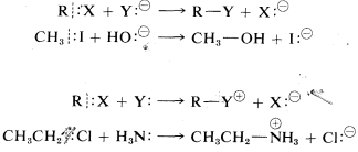 First reaction: R bonded to X plus Y anion goes to R bonded to Y plus X anion. Second reaction: C H 3 bonded to I plus H O anion goes to C H 3 bonded to O H plus I anion. Third reaction: R bonded to X plus Y goes to R bonded to Y cation plus X anion. Fourth reaction: C H 3 C H 2 C L plus H 3 N goes to C H 3 C H 2 bonded to N H 3 cation plus C L minus.