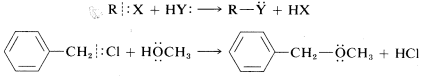 Top reaction: R bonded to X plus H Y goes to R bonded to Y plus H X. Bottom reaction: benzene ring bonded to C H 2 C L plus H O C H 3 goes to benzene ring bonded to C H 2 O C H 3 plus H C L.