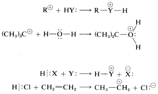 First reaction: R cation plus H Y goes to R bonded to Y cation bonded to H. Second reaction: (C H 3) 3 C cation plus H bonded to O bonded to H goes to (C H 3) 3 C bonded to O cation that is bonded to two hydrogens. Third reaction: H bonded to X plus Y goes to H bonded to Y cation plus X anion. Fourth reaction: H bonded to C L plus C H 2 double bond C H 2 goes to C H 3 bonded to C H 2 cation plus C L anion.