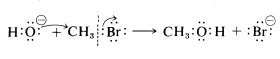 Comienza con H unido a O con 8 electrones y una carga negativa. Añadir C H 3 unido a B R con 8 electrones. Dos flechas representan el movimiento de los electrones. Una flecha va de O a B R y otra se apaga de B R. Esto va a C H 3 O H más anión B R.