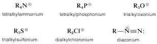 Top left: R 4 N plus labeled tetralkylammonium. Top middle: R 4 P plus labeled tetralkylphosphonium. Rop right: R 3 O plus labeled trialkylxonoium. Bottom left: R 3 S cation labeled trialkylsulfonium. Bottom middle: R 2 C L plus labeled dialkylchloronium. Bottom right: R bonded to N with a positive charge triple bonded to N with one extra pair of electrons. Labeled diazonium.