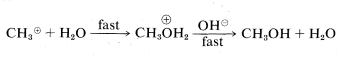 C H 3 catión más H 2 O va a C H 3 O H 2. Carga positiva por encima del oxígeno. Etiquetado como una reacción rápida. Se agrega un anión O H para obtener C H 3 O H más H 2 O. Marcado una reacción rápida.
