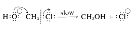 Dos moléculas de partida: H O con carga negativa y C H 3 unidas a C L. Una flecha va de un par de electrones en el O de la molécula H O a la C de la segunda molécula. Una flecha sale de un par de electrones en el átomo de C L. Esto forma C H 3 O H más anión C L. La flecha de reacción indica una reacción lenta.