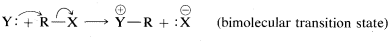 Reactivos: Y con un par solitario de electrones más R unidos a X. Una flecha va de los electrones en Y a R. Una segunda flecha va del enlace entre R y X a X. Esto forma Y con una carga positiva unida a R más X con un par solitario y una carga negativa. Estado de transición bimolecular marcado.