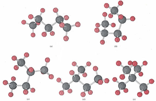 5 diferentes modelos de isómeros de pentano con bola y palo.
