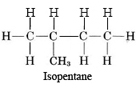 Projection formula of isopentane shows four carbon connected in a straight chain. The second carbon from the left has a line pointing down connecting it to a "C" "H" 3 group. The rest of the "C" is connected to appropriate number of "H". 