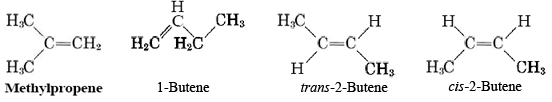 Estructuras de metilpropeno, 1 buteno, trans 2 buteno y cis 2 buteno.