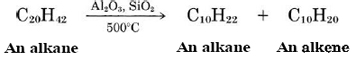 La ecuación muestral muestra muestra el agrietamiento de “C” 20 “H” 42 para producir “C” 10 “H” 22 y “C” 10 “H” 20.
