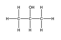 "O" "H" group connected to the middle "C" of three carbon straight chain alkane. Left and right "C" is connected to 3 "H" each. Middle C, in addition to "C" "H" 3 group has one bond with "H". 