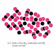 Cluster of one black spheres bonded to two pink spheres forms. Few black spheres and coupled pink spheres remain in mixture. 