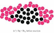 Cluster of black spheres in the center engulfed by cluster of pink coupled spheres. 
