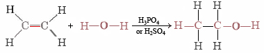 Equation shows synthesis of ethanol from ethene and water in the presence of "H" 3 "P" "O" 4 or "H" 2 "S" "O" 4.