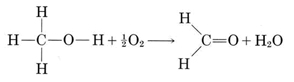 Equation shows reaction of 1 mole of ethanol with half a mole of oxygen gas to produce 1 mole of methanol and 1 mole of water. 