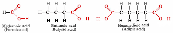 Structures of methanoic acid, butanoic acid, and hexanedioic acid.