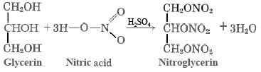 Reaction diagram of glycerin and nitric acid forming nitroglycerin. Sulfuric acid is used as a catalyst.