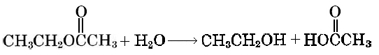 Ecuación del acetato de etilo que reacciona con agua para producir ácido acético y etanol.
