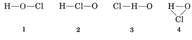 Diagram 1 shows a central O atom bonded to H and C l. Second diagram shows a central C l atom bonded to H and O. Diagram 3 shows a central H atom bonded to C l and O. Fourth diagram shows H, O, and C l bonded in triangular cyclic structure. 