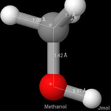 Diagram of methanol showing the distance between the carbon and oxygen to be 1.42 ångströms, the distance between the oxygen and hydrogen to be 0.97 ångströms, and the distance between the carbon and the hydrogens to be 1.09 and 1.1 ångströms.