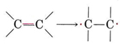 One of the lines in a double bond is highlighted in red. An arrow points from this double bond to a single bond in which each carbon now has one free electron each. 