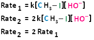 Rate 1 is k multipled by the concentration of hydroxide ion and CH4I. Rate 2 is 2k multiplied by the concentration of hydroxide ion and CH3I. There for Rate 2 is equal to 2 multipled by rate 2. 